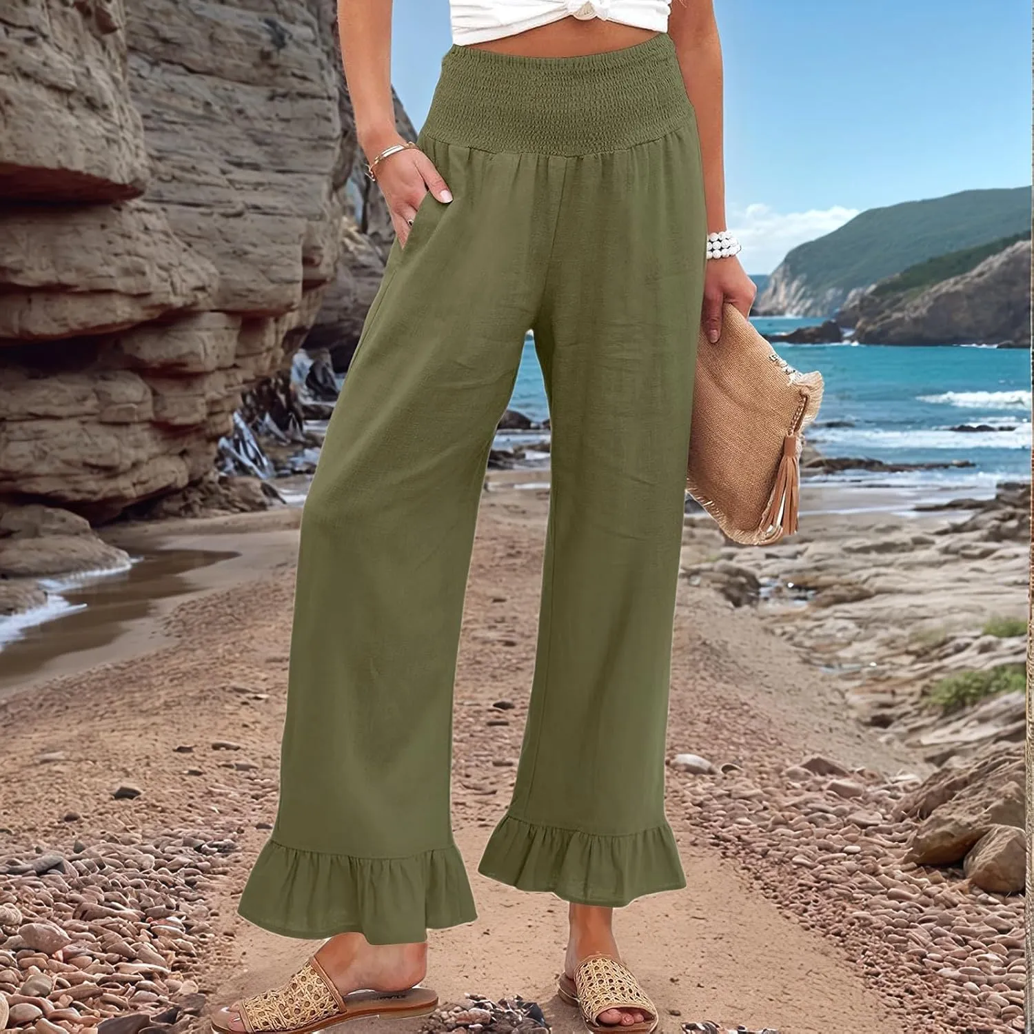 Women Linen Pants Summer Ruffle Wide Leg Pants Smocked Waist Palazzo Pant Boho Flowy Beach Pant with Pockets