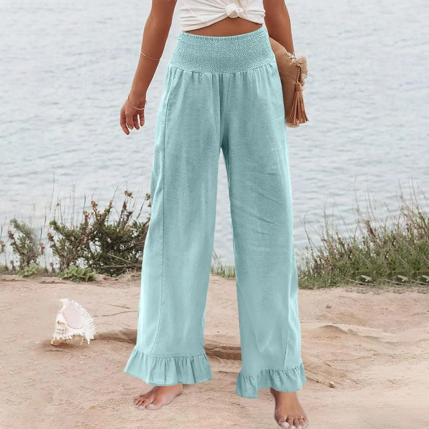 Women Linen Pants Summer Ruffle Wide Leg Pants Smocked Waist Palazzo Pant Boho Flowy Beach Pant with Pockets