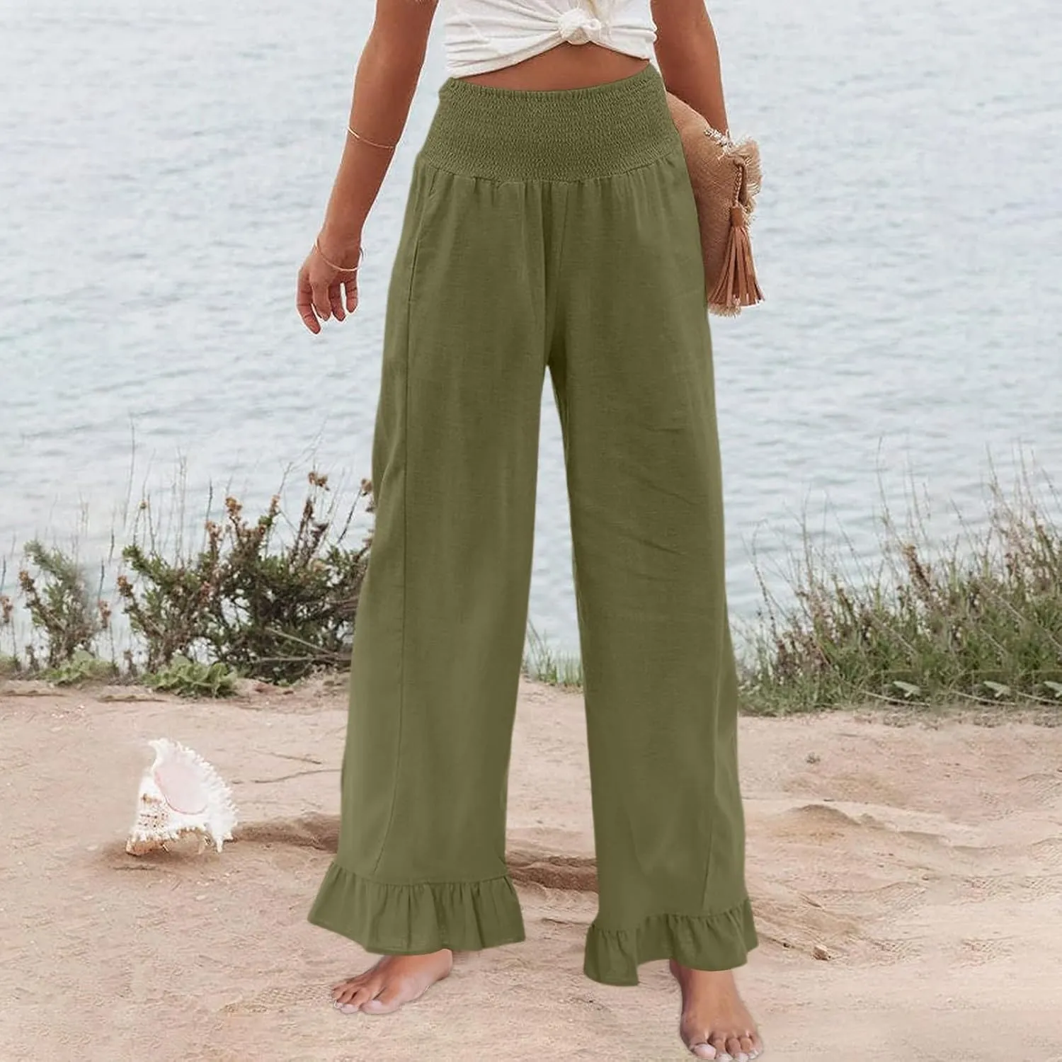 Women Linen Pants Summer Ruffle Wide Leg Pants Smocked Waist Palazzo Pant Boho Flowy Beach Pant with Pockets