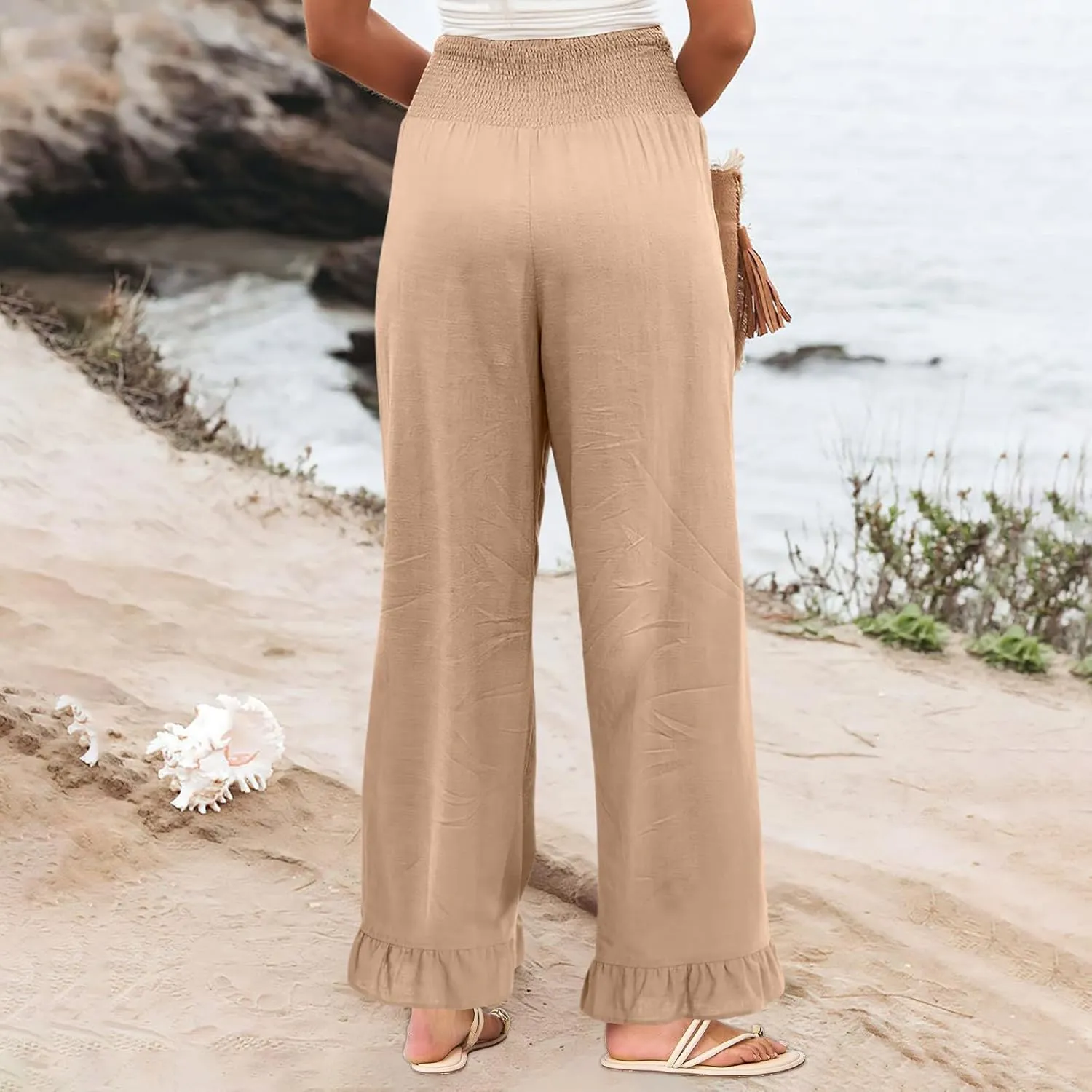 Women Linen Pants Summer Ruffle Wide Leg Pants Smocked Waist Palazzo Pant Boho Flowy Beach Pant with Pockets