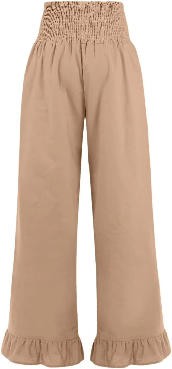 Women Linen Pants Summer Ruffle Wide Leg Pants Smocked Waist Palazzo Pant Boho Flowy Beach Pant with Pockets