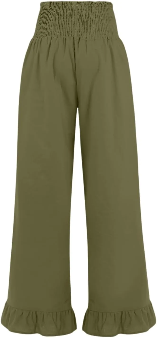Women Linen Pants Summer Ruffle Wide Leg Pants Smocked Waist Palazzo Pant Boho Flowy Beach Pant with Pockets