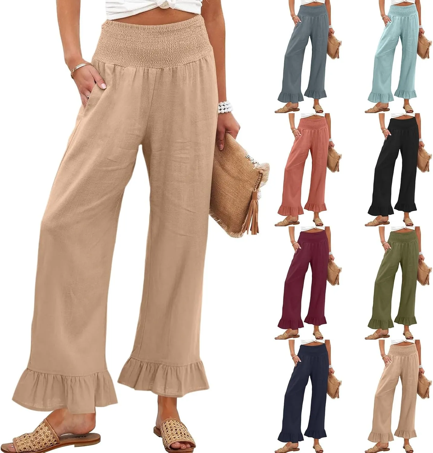 Women Linen Pants Summer Ruffle Wide Leg Pants Smocked Waist Palazzo Pant Boho Flowy Beach Pant with Pockets