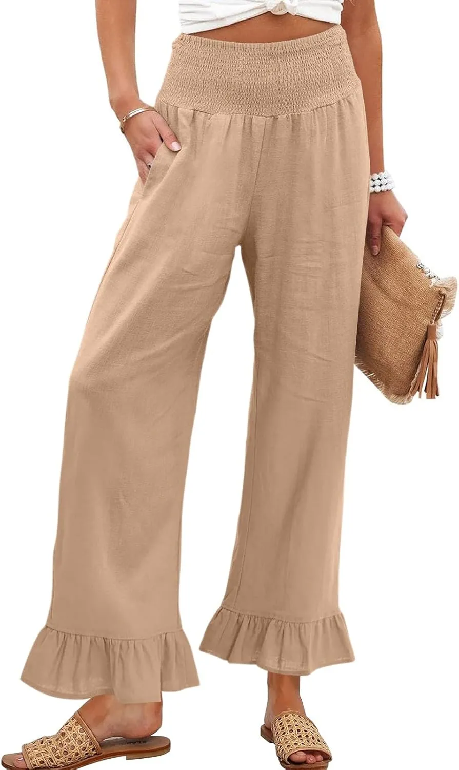 Women Linen Pants Summer Ruffle Wide Leg Pants Smocked Waist Palazzo Pant Boho Flowy Beach Pant with Pockets