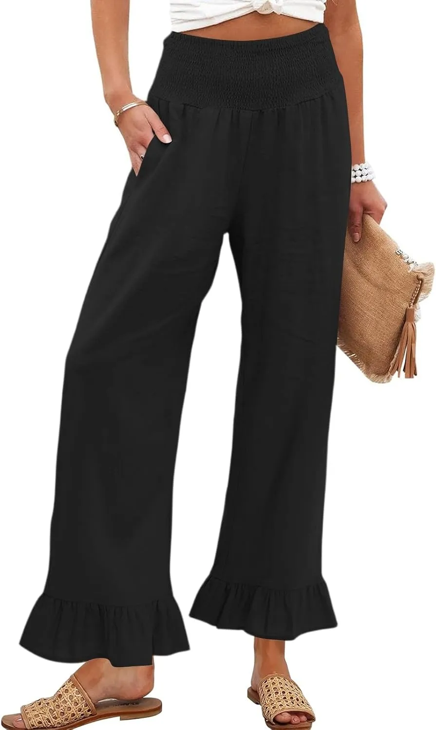 Women Linen Pants Summer Ruffle Wide Leg Pants Smocked Waist Palazzo Pant Boho Flowy Beach Pant with Pockets
