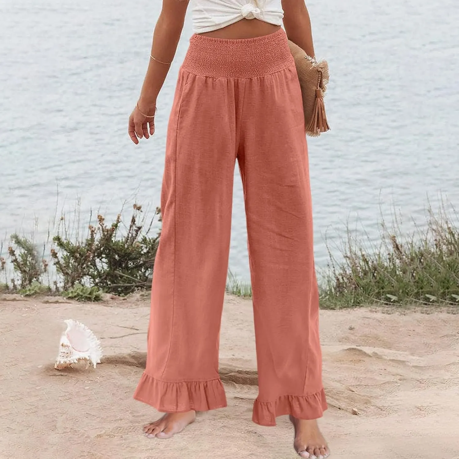 Women Linen Pants Summer Ruffle Wide Leg Pants Smocked Waist Palazzo Pant Boho Flowy Beach Pant with Pockets