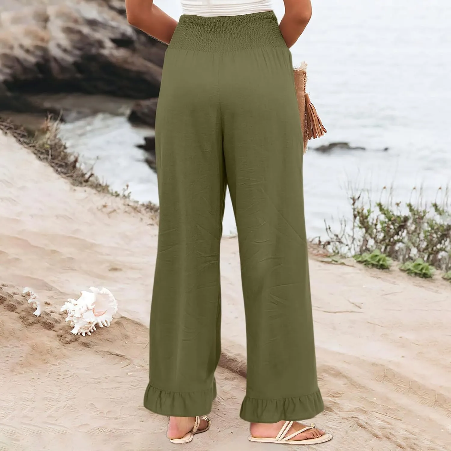 Women Linen Pants Summer Ruffle Wide Leg Pants Smocked Waist Palazzo Pant Boho Flowy Beach Pant with Pockets