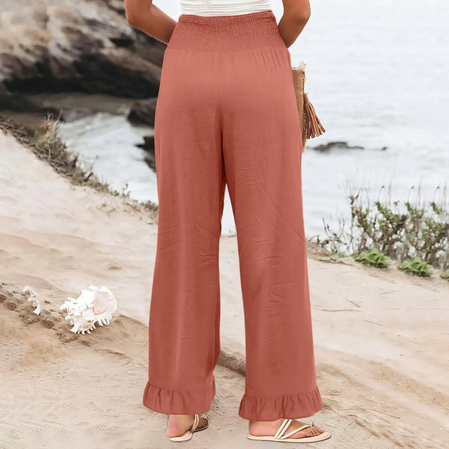 Women Linen Pants Summer Ruffle Wide Leg Pants Smocked Waist Palazzo Pant Boho Flowy Beach Pant with Pockets