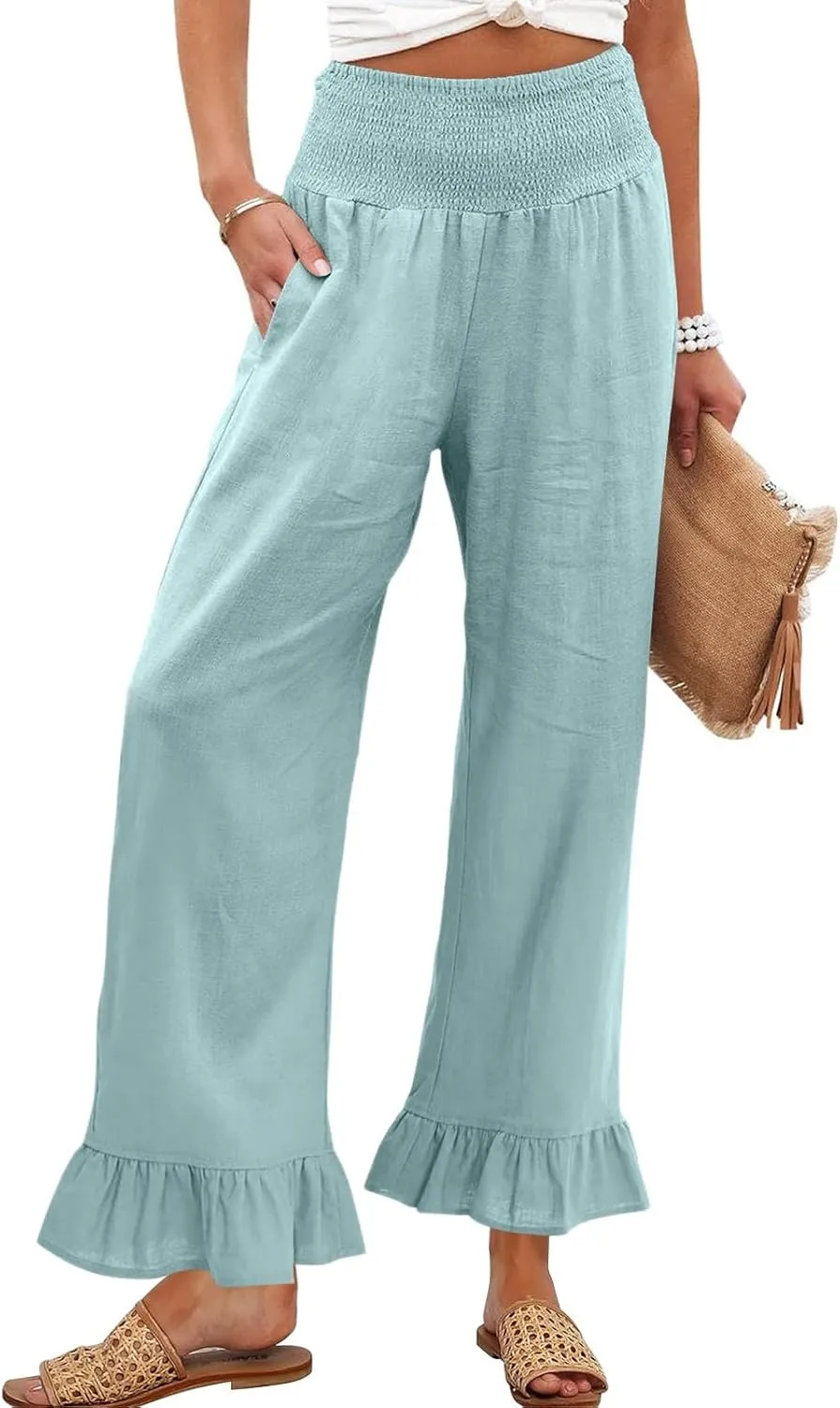 Women Linen Pants Summer Ruffle Wide Leg Pants Smocked Waist Palazzo Pant Boho Flowy Beach Pant with Pockets