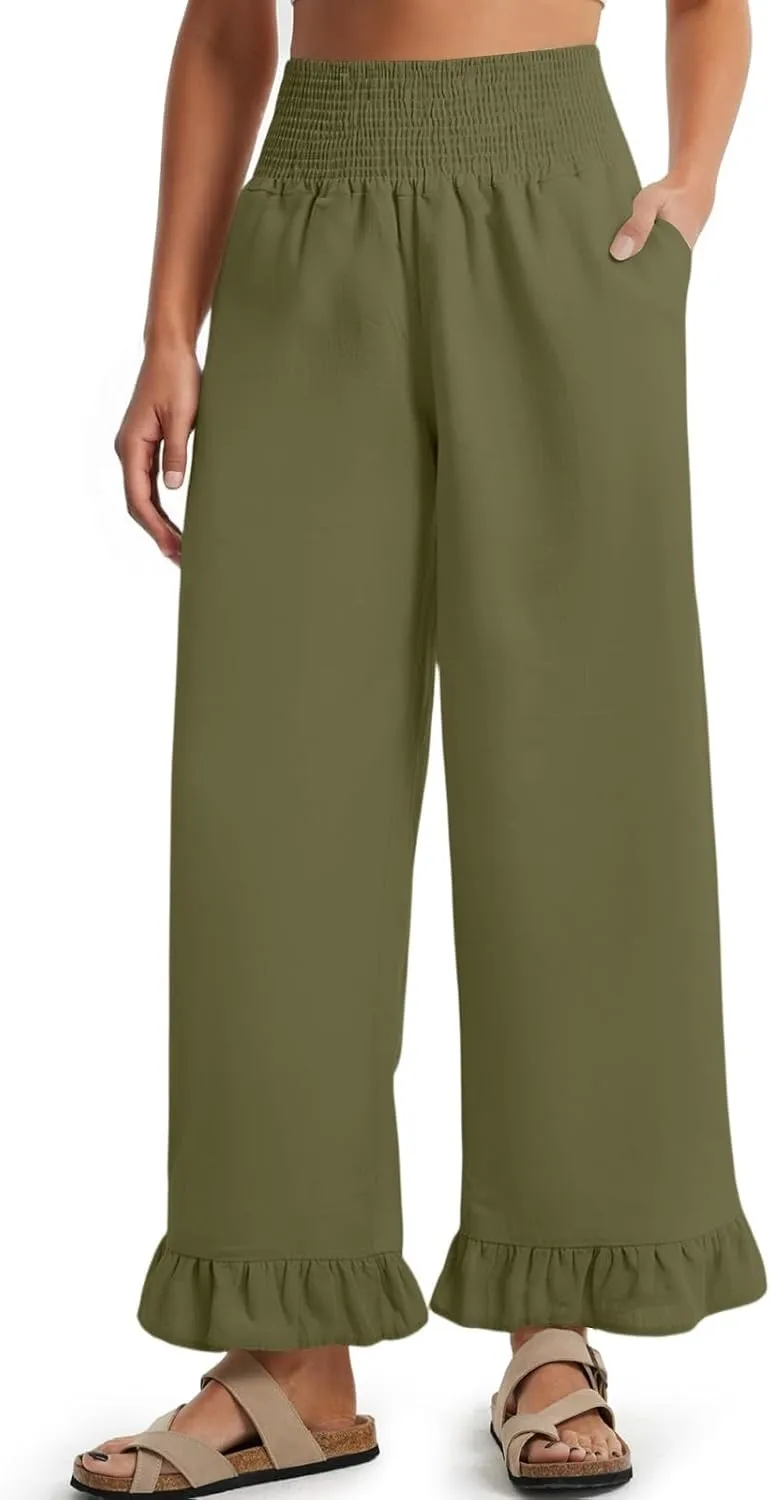 Women Linen Pants Summer Ruffle Wide Leg Pants Smocked Waist Palazzo Pant Boho Flowy Beach Pant with Pockets
