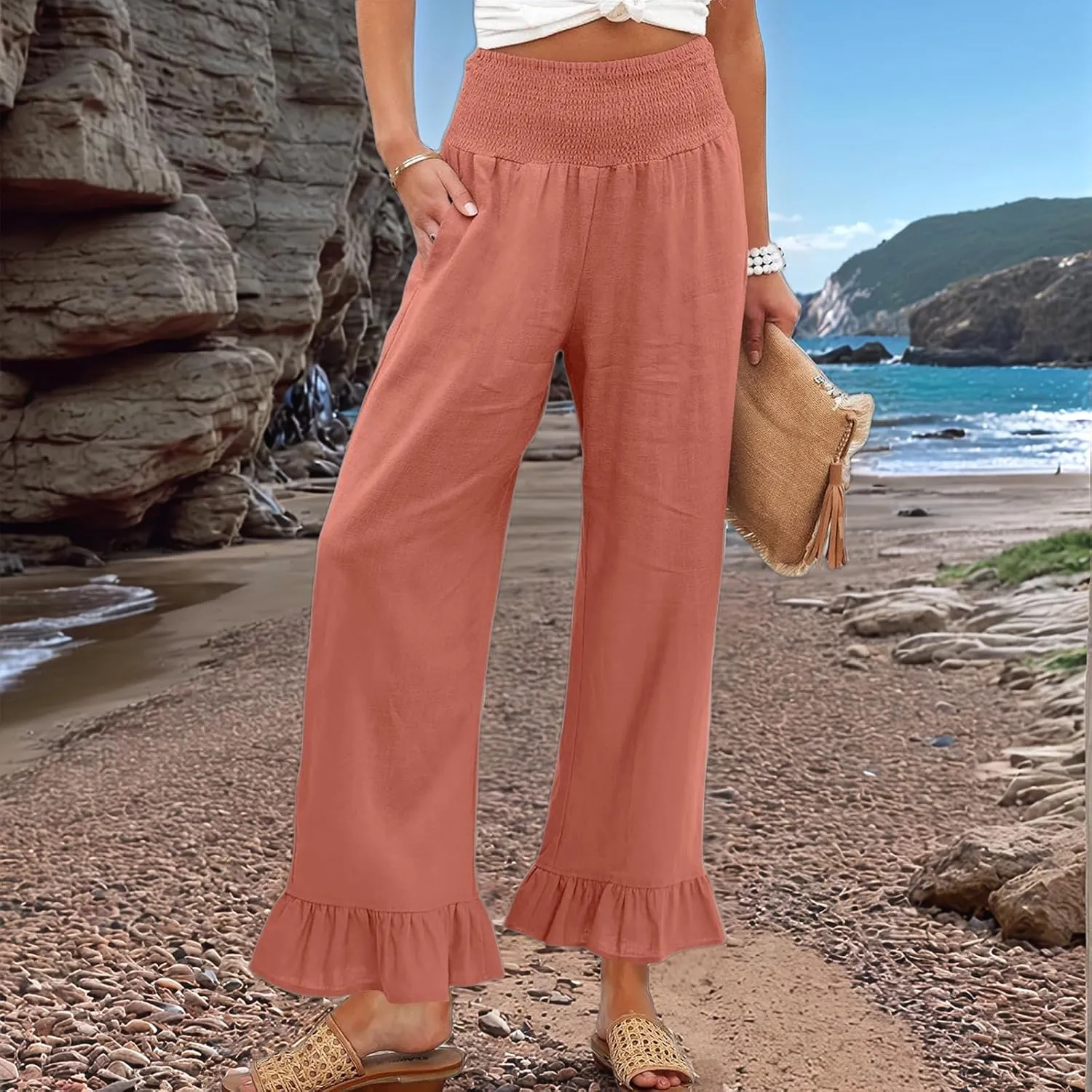 Women Linen Pants Summer Ruffle Wide Leg Pants Smocked Waist Palazzo Pant Boho Flowy Beach Pant with Pockets