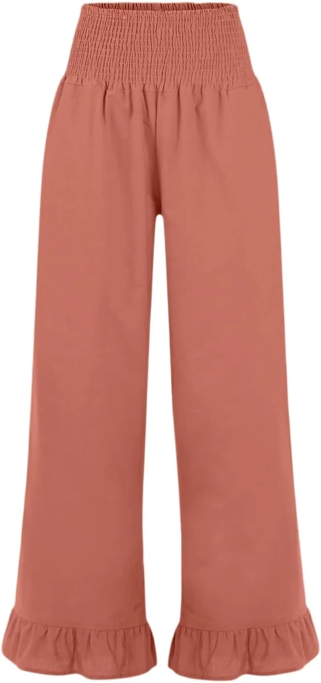 Women Linen Pants Summer Ruffle Wide Leg Pants Smocked Waist Palazzo Pant Boho Flowy Beach Pant with Pockets