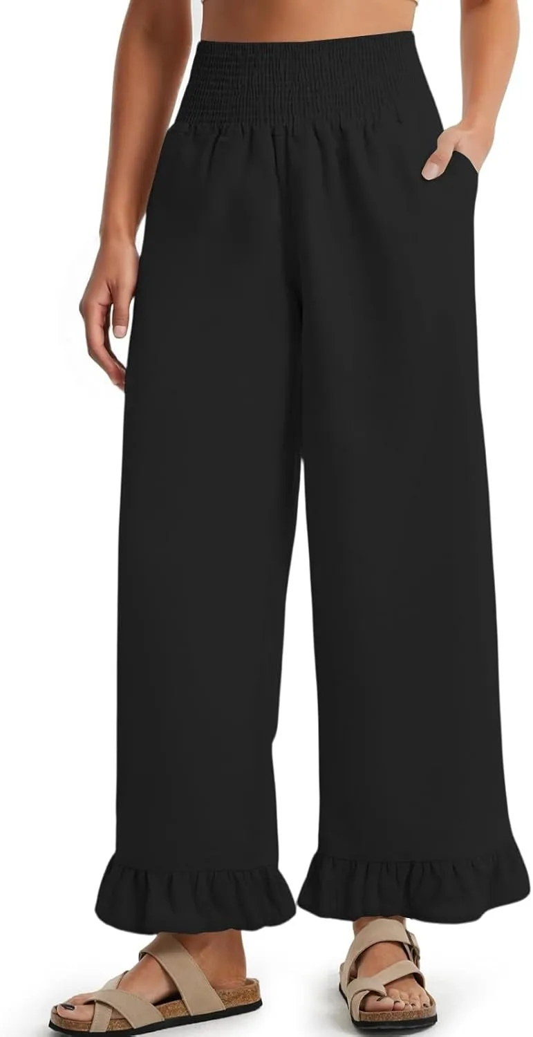 Women Linen Pants Summer Ruffle Wide Leg Pants Smocked Waist Palazzo Pant Boho Flowy Beach Pant with Pockets