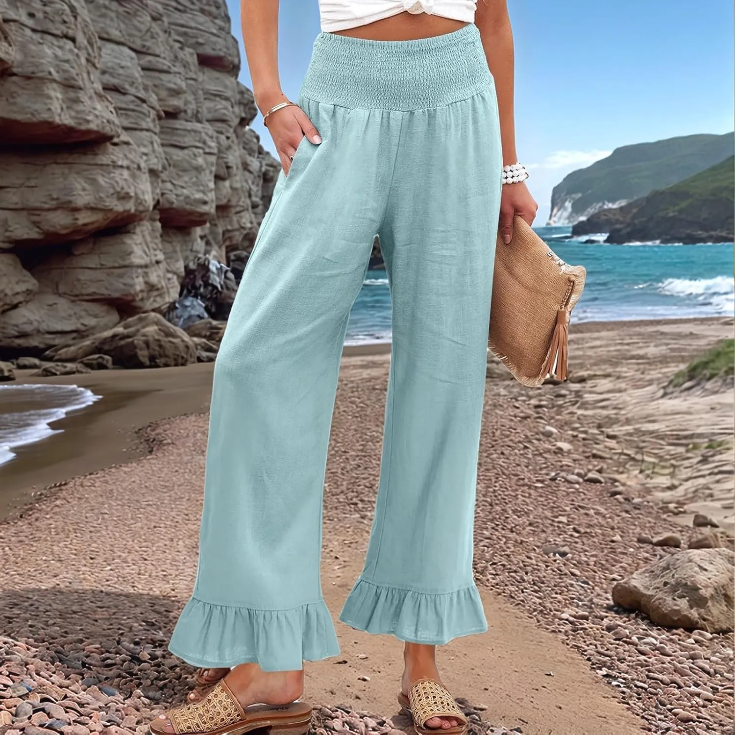 Women Linen Pants Summer Ruffle Wide Leg Pants Smocked Waist Palazzo Pant Boho Flowy Beach Pant with Pockets