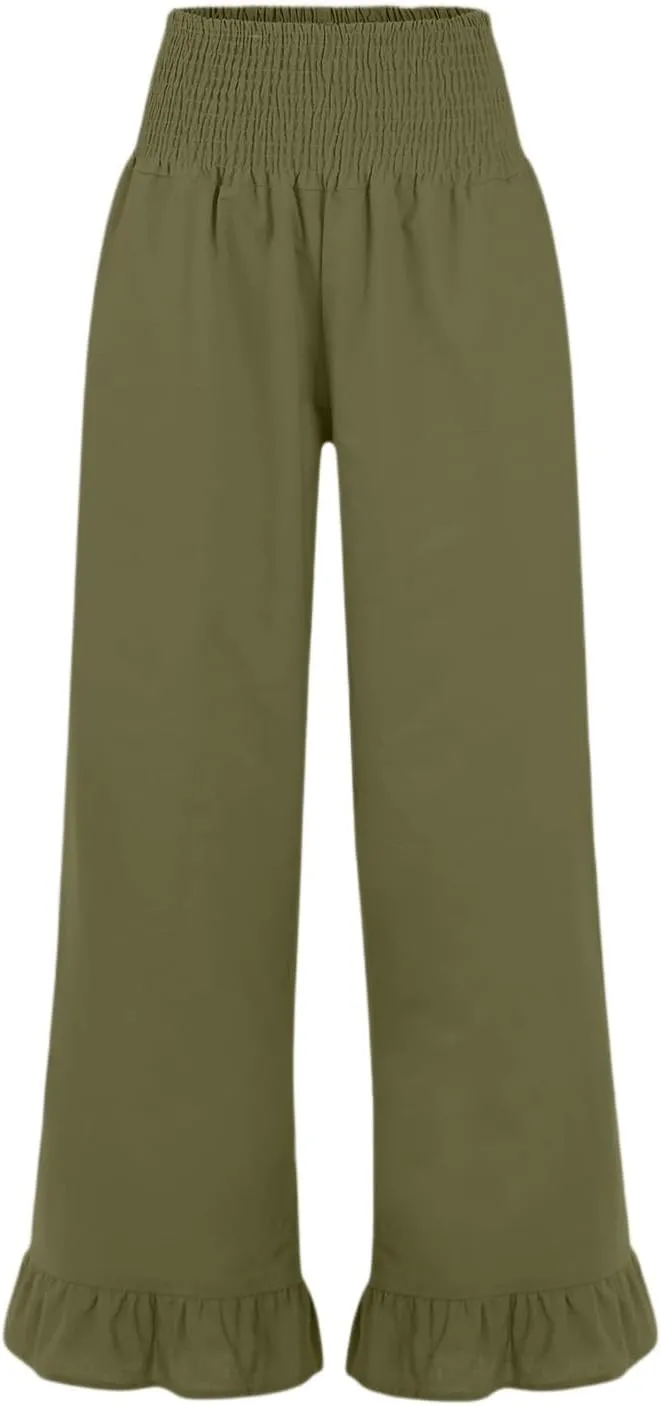 Women Linen Pants Summer Ruffle Wide Leg Pants Smocked Waist Palazzo Pant Boho Flowy Beach Pant with Pockets