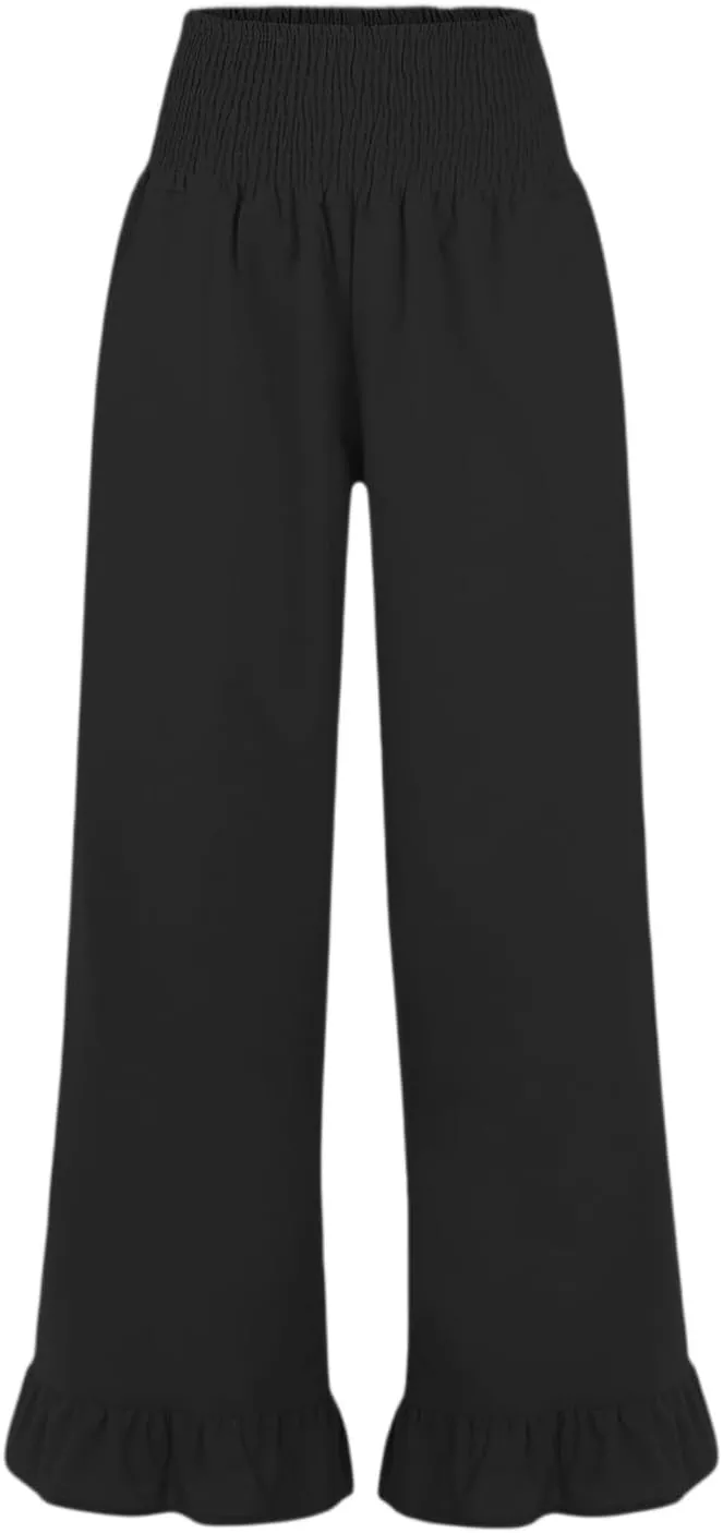 Women Linen Pants Summer Ruffle Wide Leg Pants Smocked Waist Palazzo Pant Boho Flowy Beach Pant with Pockets