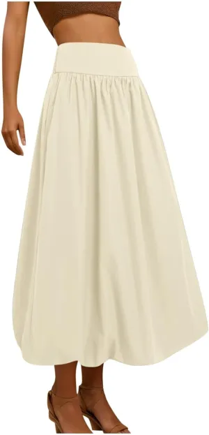 Women Maxi Bubble Skirt Elastic Waist Aline Long Puff Skirt Ruffle Hem Balloon Skirts Swim Skirt