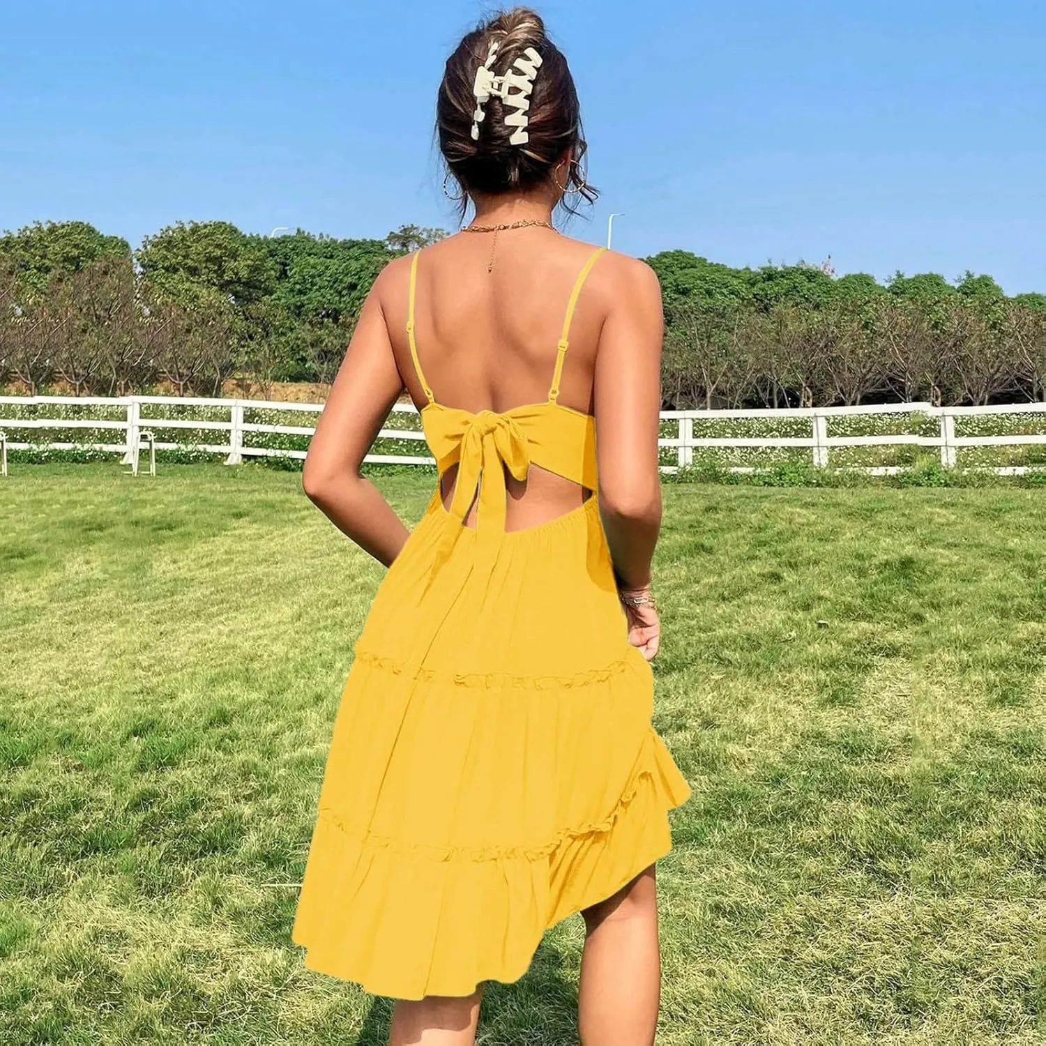 Women Midi Summer Lace Dresses Casual V Neck Swing Dot Ruffle Sleeveless A Line Beach Sun Long Tan Dresses for