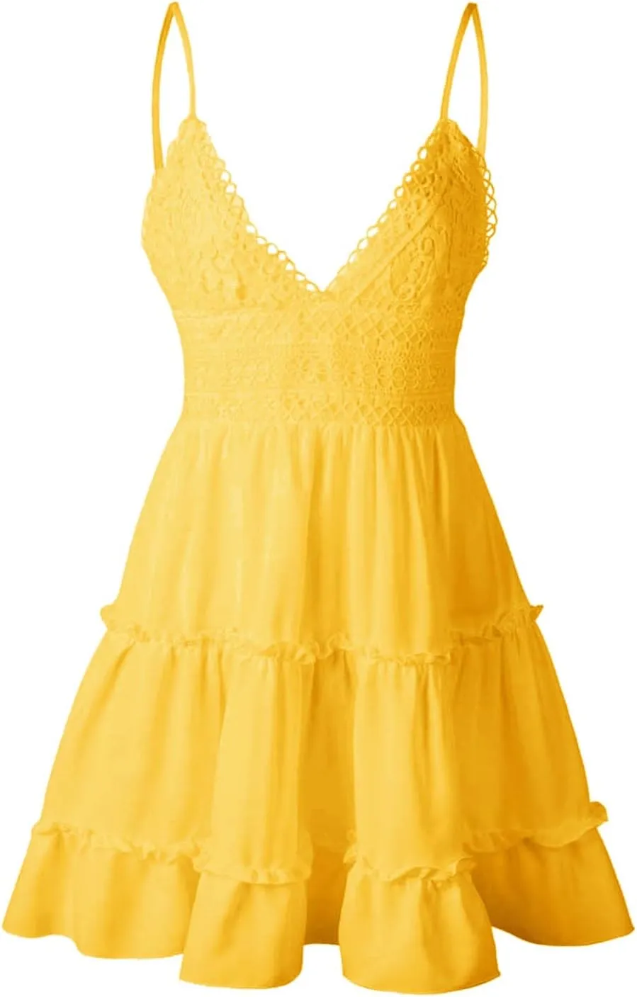 Women Midi Summer Lace Dresses Casual V Neck Swing Dot Ruffle Sleeveless A Line Beach Sun Long Tan Dresses for