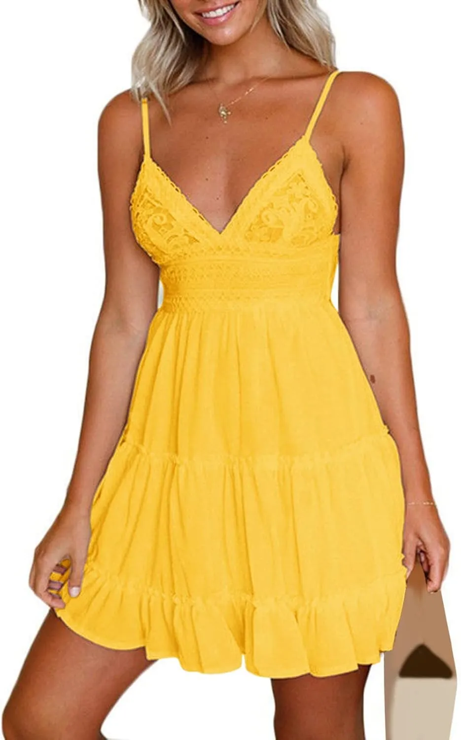 Women Midi Summer Lace Dresses Casual V Neck Swing Dot Ruffle Sleeveless A Line Beach Sun Long Tan Dresses for