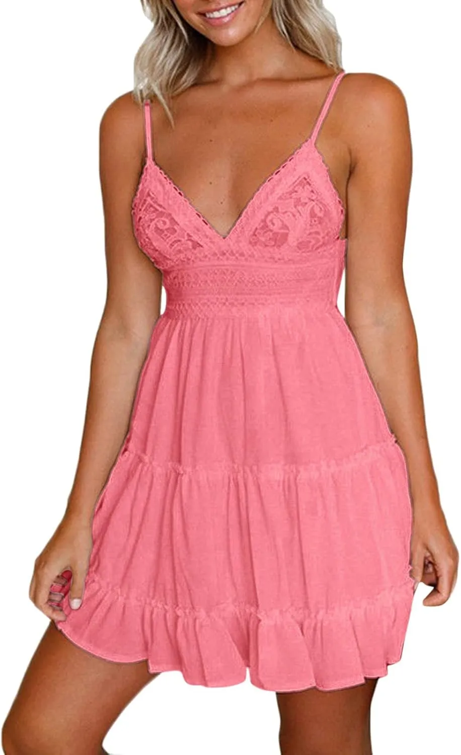 Women Midi Summer Lace Dresses Casual V Neck Swing Dot Ruffle Sleeveless A Line Beach Sun Long Tan Dresses for