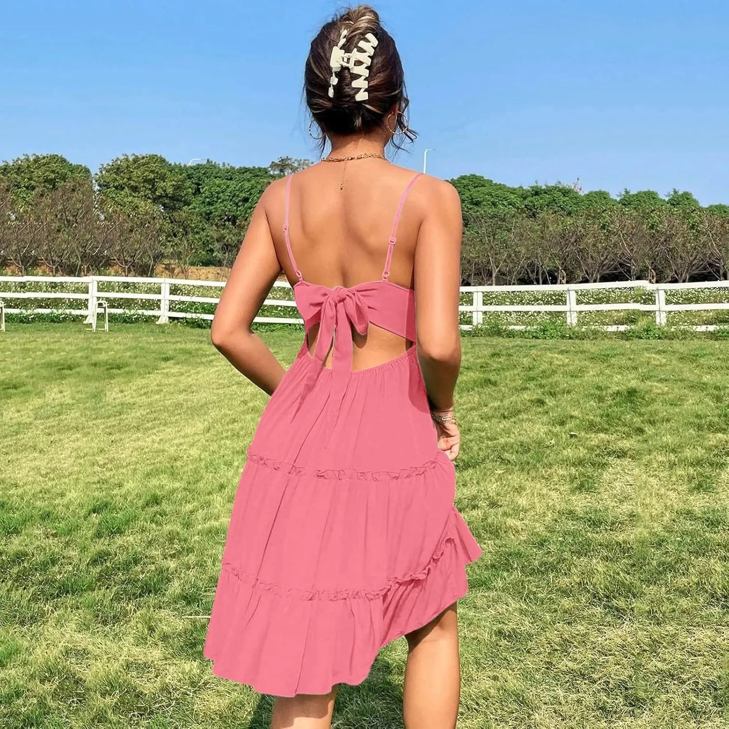 Women Midi Summer Lace Dresses Casual V Neck Swing Dot Ruffle Sleeveless A Line Beach Sun Long Tan Dresses for