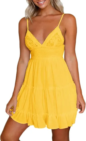 Women Midi Summer Lace Dresses Casual V Neck Swing Dot Ruffle Sleeveless A Line Beach Sun Long Tan Dresses for