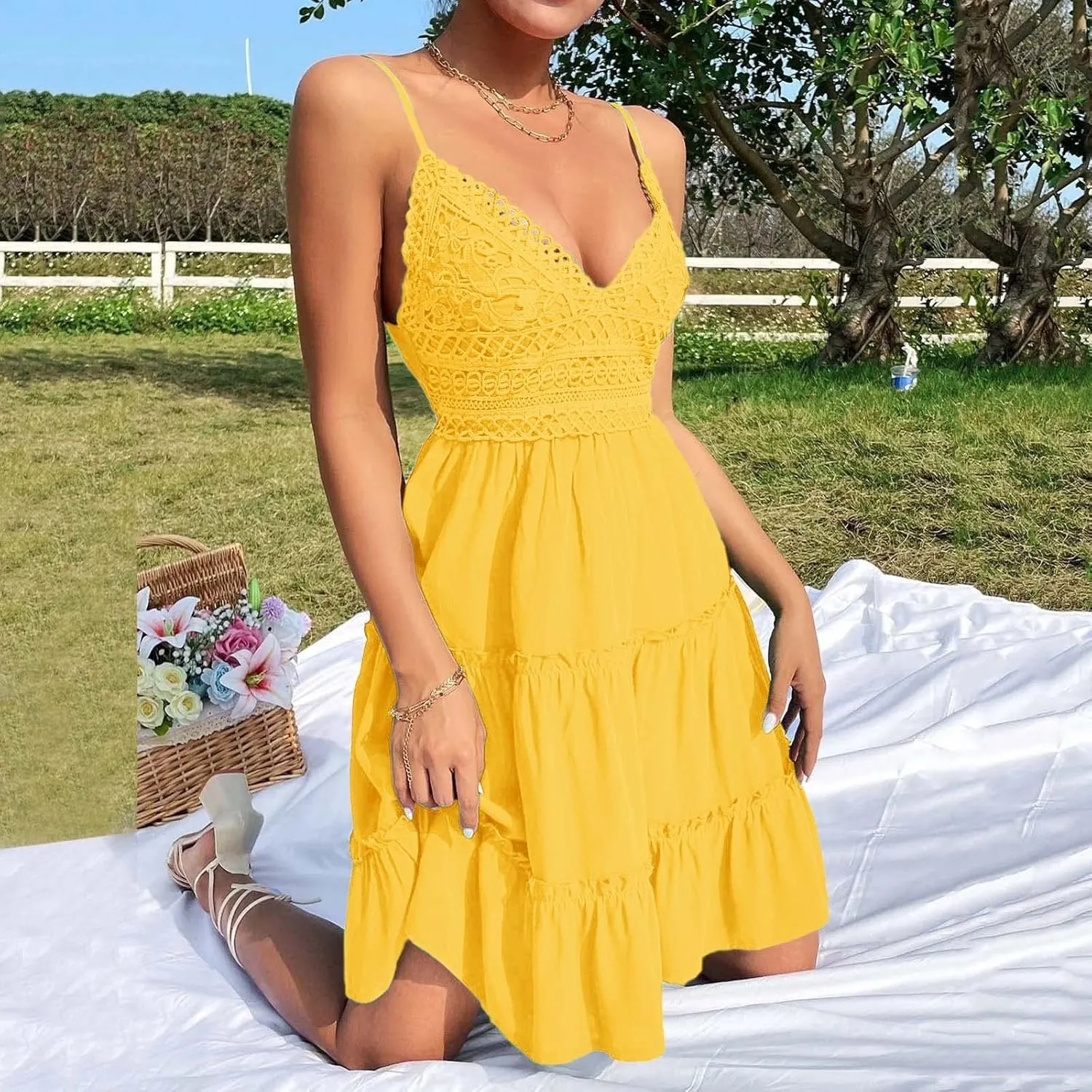 Women Midi Summer Lace Dresses Casual V Neck Swing Dot Ruffle Sleeveless A Line Beach Sun Long Tan Dresses for