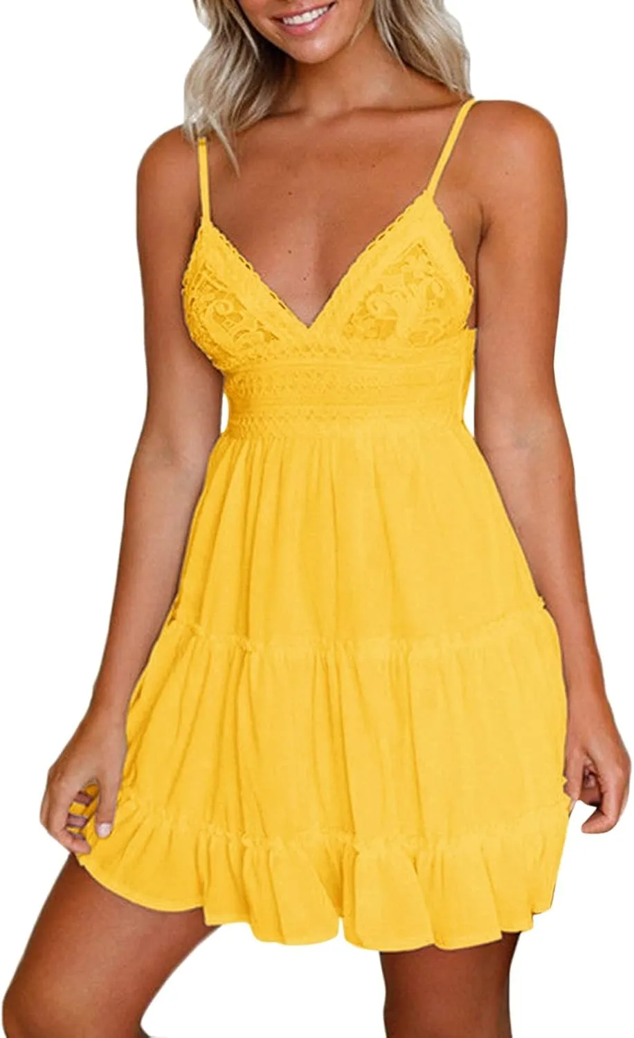 Women Midi Summer Lace Dresses Casual V Neck Swing Dot Ruffle Sleeveless A Line Beach Sun Long Tan Dresses for