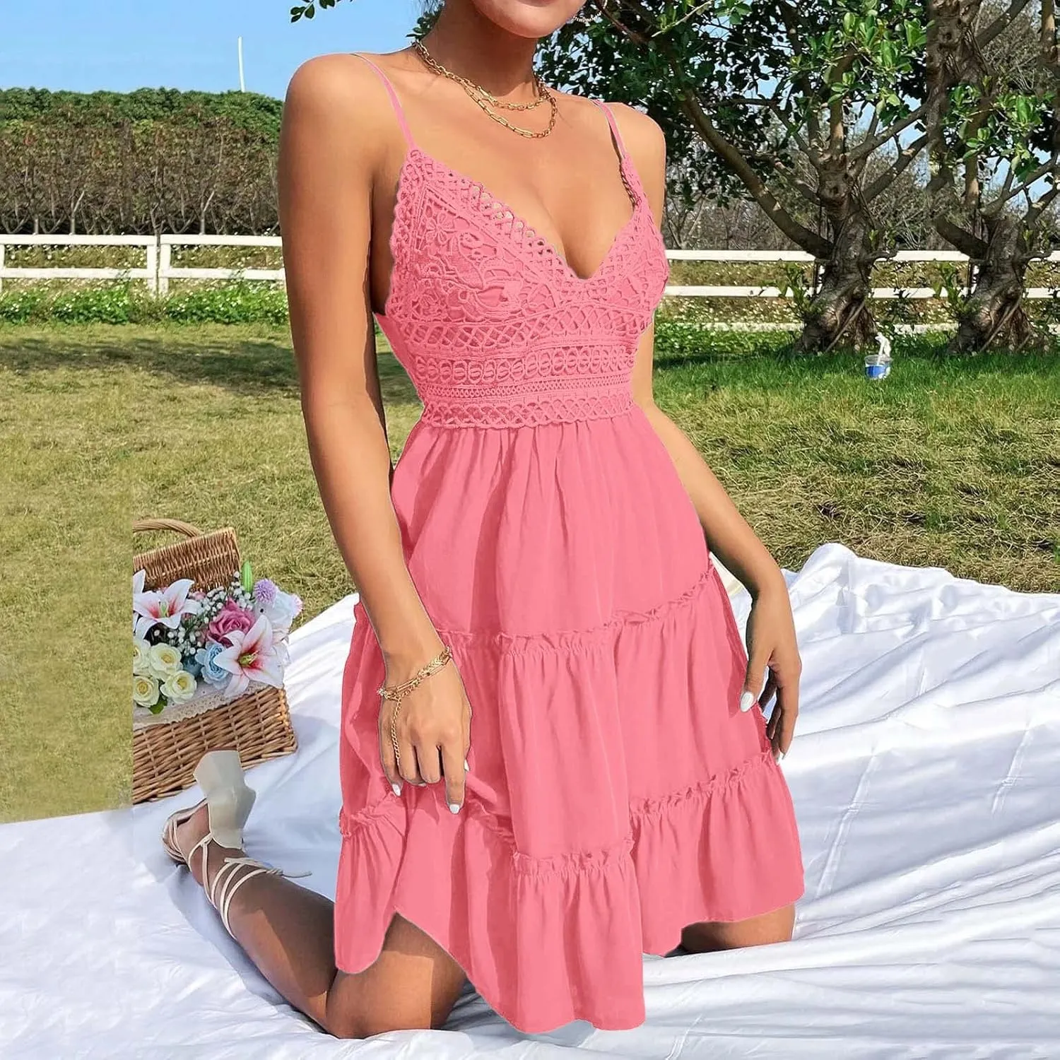 Women Midi Summer Lace Dresses Casual V Neck Swing Dot Ruffle Sleeveless A Line Beach Sun Long Tan Dresses for