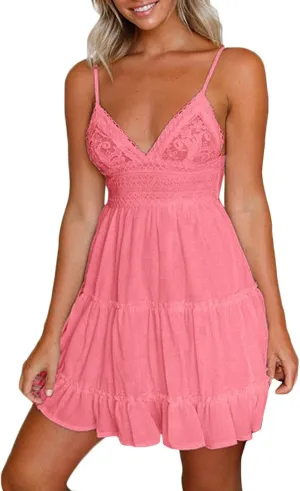 Women Midi Summer Lace Dresses Casual V Neck Swing Dot Ruffle Sleeveless A Line Beach Sun Long Tan Dresses for