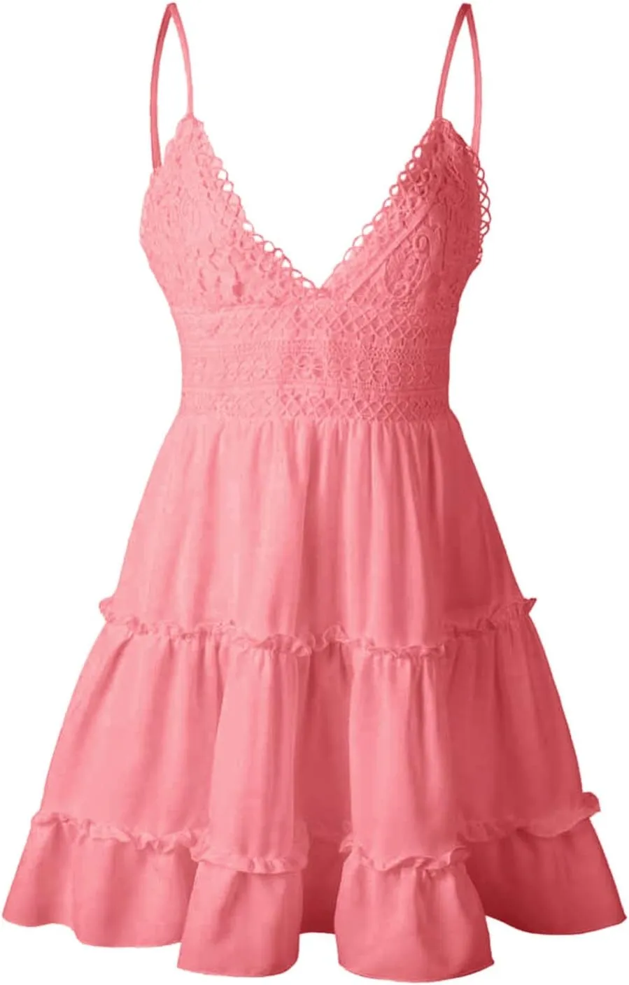 Women Midi Summer Lace Dresses Casual V Neck Swing Dot Ruffle Sleeveless A Line Beach Sun Long Tan Dresses for