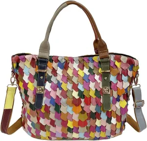 Women Multicolour Hobo Purse 3D Colorful Leaf Genuine Leather Shoulder Handbag Random Colour Blocked Bohemian Satchel, One Color, One Size