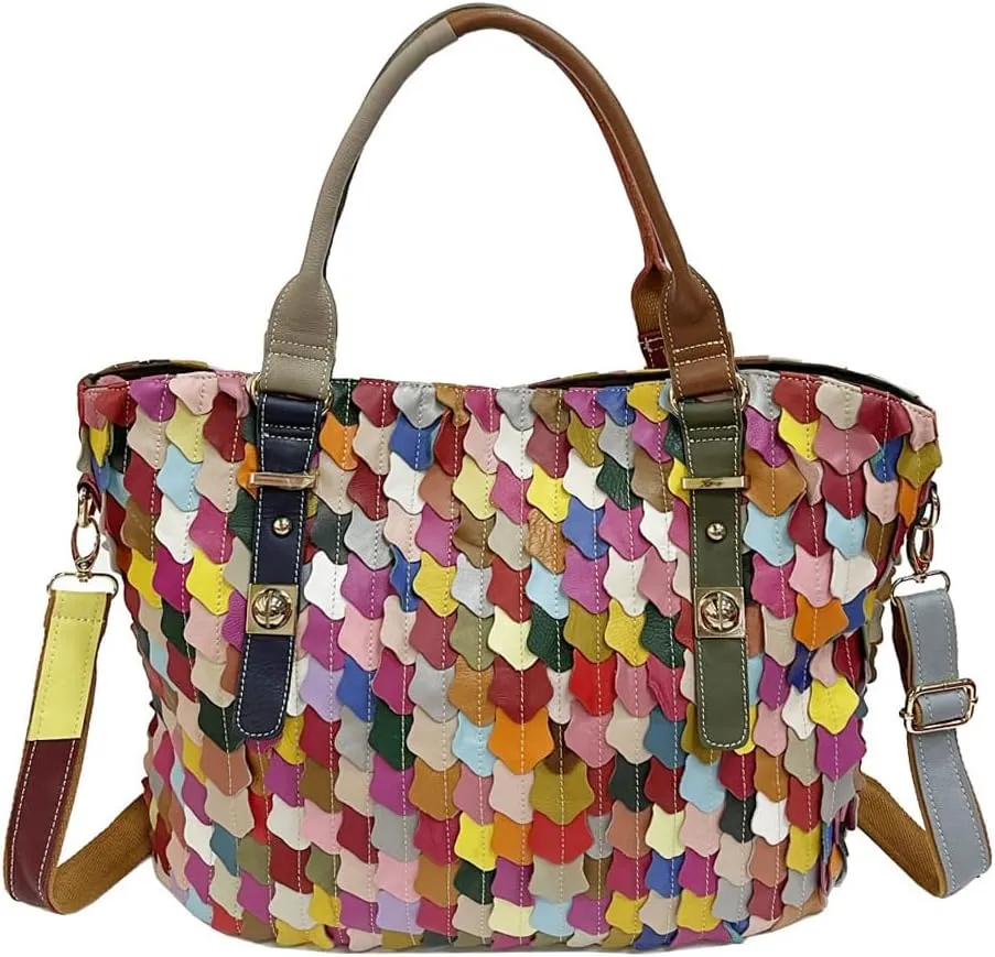 Women Multicolour Hobo Purse 3D Colorful Leaf Genuine Leather Shoulder Handbag Random Colour Blocked Bohemian Satchel, One Color, One Size