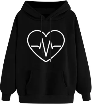Women Oversized Graphic Hoodies 2024 Trendy Long Sleeve Sweatshirts Casual Drawstring Pullover Tops With Pockets