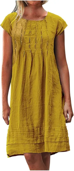 Women Plain Cotton Linen Dresses Summer Half Sleeve Knee-Length Dress Boho Plus Size Pockets Loose Fit Midi Long Dress
