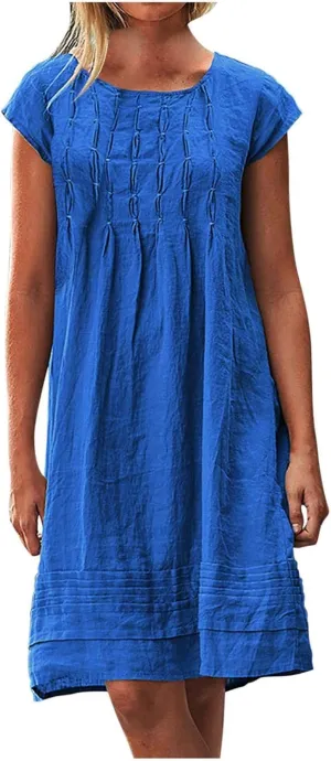 Women Plain Cotton Linen Dresses Summer Half Sleeve Knee-Length Dress Boho Plus Size Pockets Loose Fit Midi Long Dress