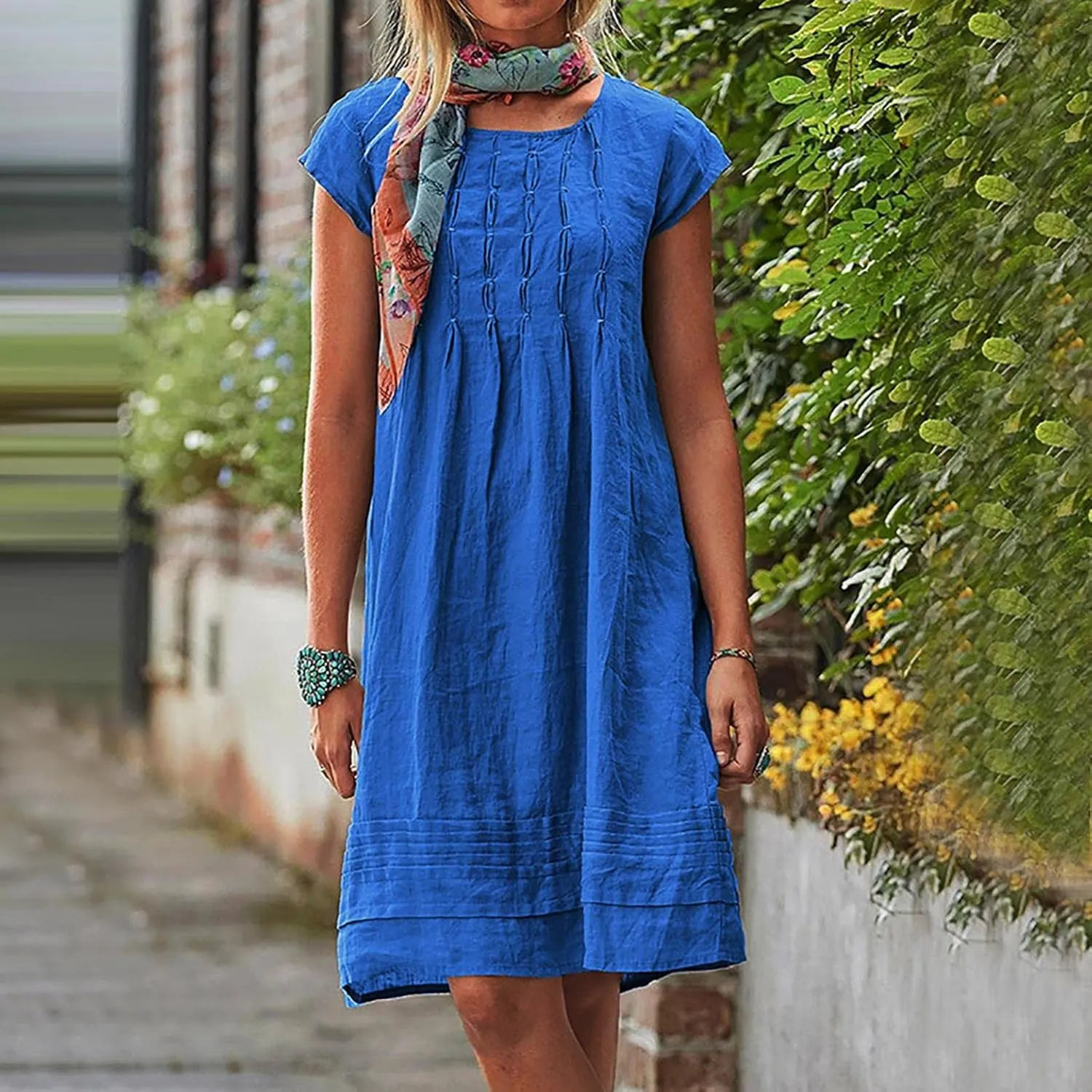Women Plain Cotton Linen Dresses Summer Half Sleeve Knee-Length Dress Boho Plus Size Pockets Loose Fit Midi Long Dress