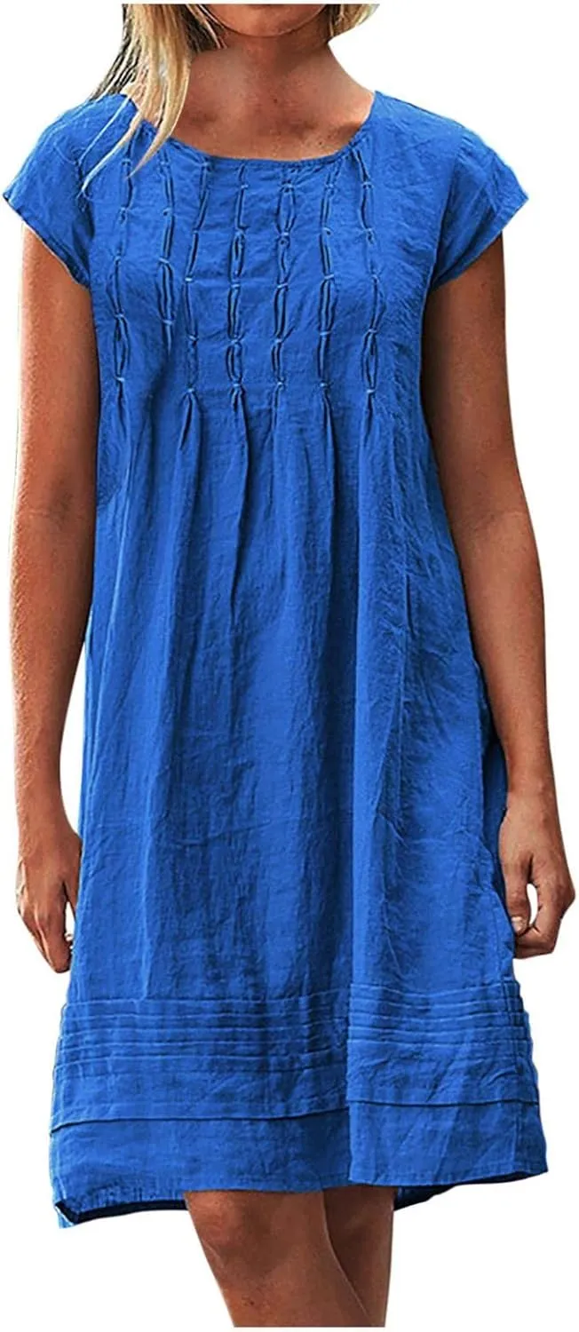 Women Plain Cotton Linen Dresses Summer Half Sleeve Knee-Length Dress Boho Plus Size Pockets Loose Fit Midi Long Dress