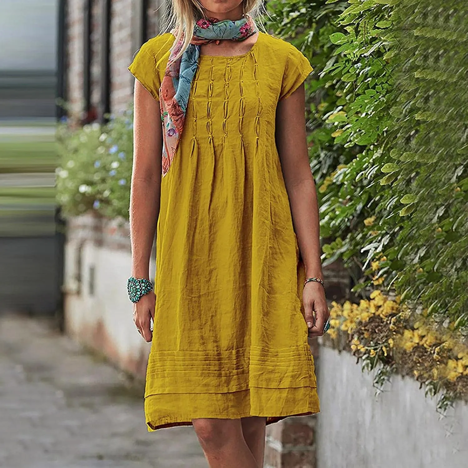 Women Plain Cotton Linen Dresses Summer Half Sleeve Knee-Length Dress Boho Plus Size Pockets Loose Fit Midi Long Dress