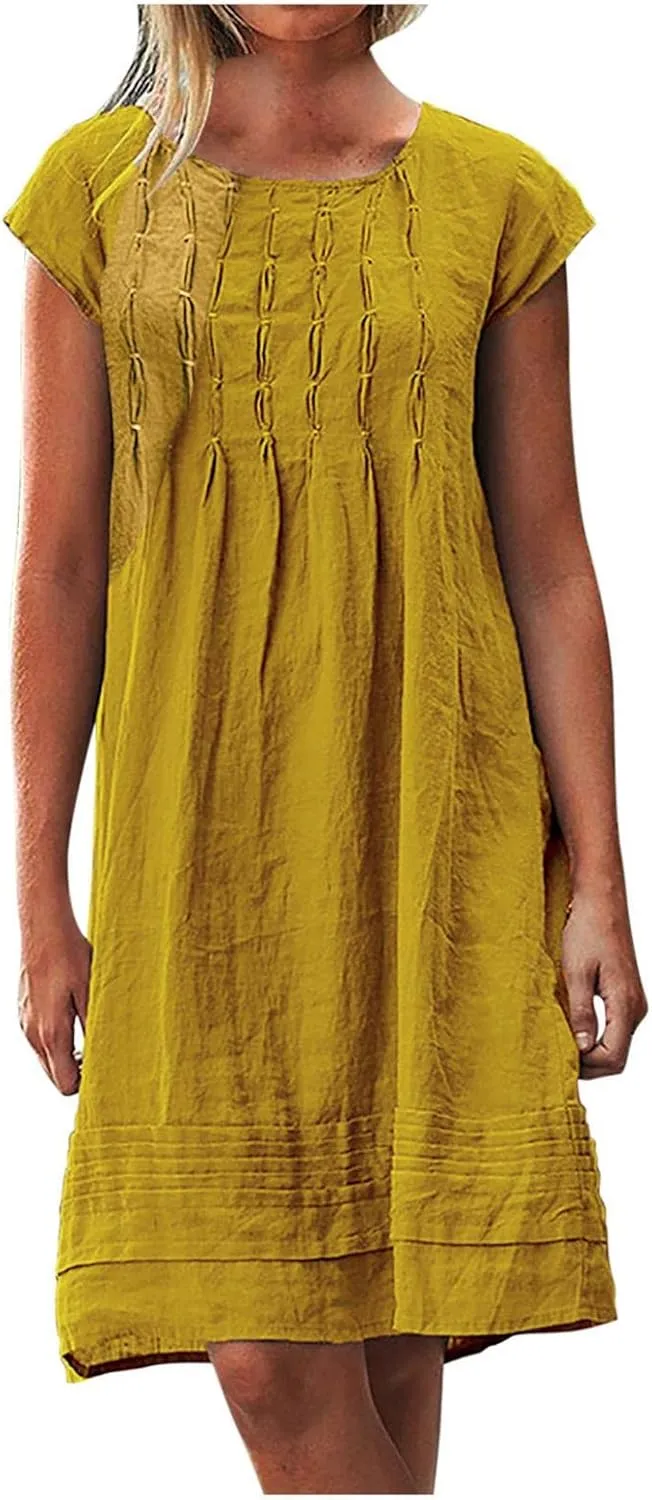 Women Plain Cotton Linen Dresses Summer Half Sleeve Knee-Length Dress Boho Plus Size Pockets Loose Fit Midi Long Dress