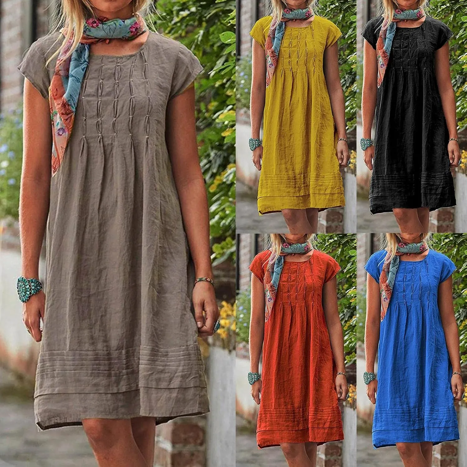 Women Plain Cotton Linen Dresses Summer Half Sleeve Knee-Length Dress Boho Plus Size Pockets Loose Fit Midi Long Dress