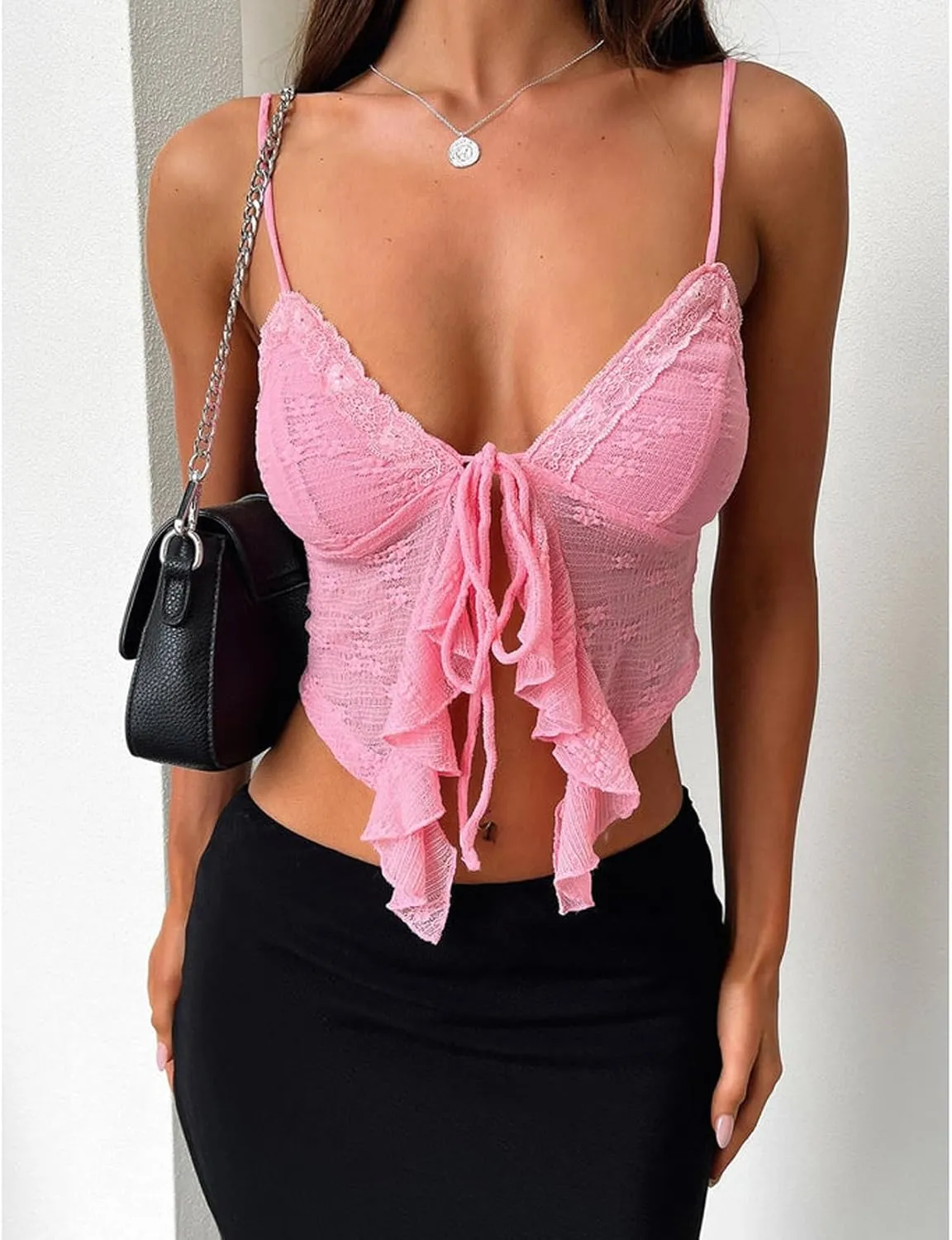Women Sexy Tie Front Crop Top Y2k Spaghetti Strap Lace Tank Flowy Going Out Vest Tops Split Cute Cami Shirt