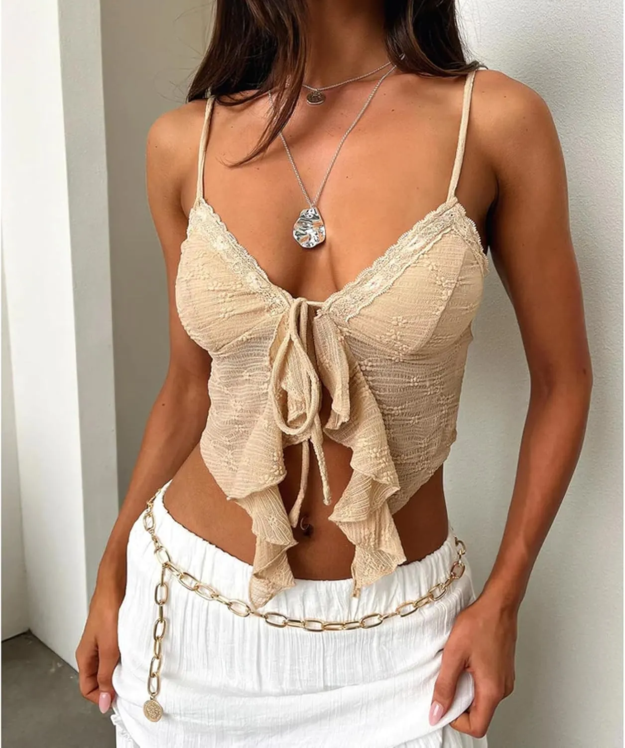 Women Sexy Tie Front Crop Top Y2k Spaghetti Strap Lace Tank Flowy Going Out Vest Tops Split Cute Cami Shirt