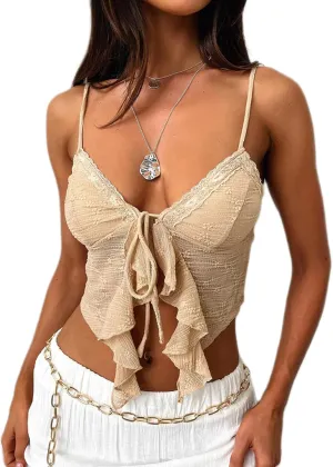 Women Sexy Tie Front Crop Top Y2k Spaghetti Strap Lace Tank Flowy Going Out Vest Tops Split Cute Cami Shirt
