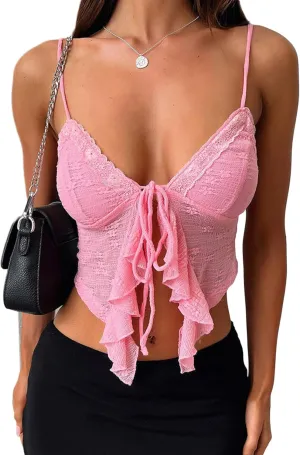 Women Sexy Tie Front Crop Top Y2k Spaghetti Strap Lace Tank Flowy Going Out Vest Tops Split Cute Cami Shirt