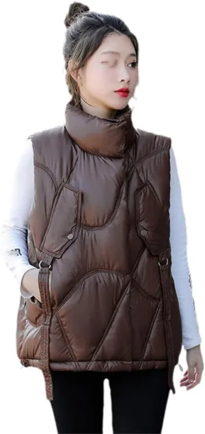 Women Stand Collar Short Bright Color Cotton Padded Jacket Sleeveless Female Winter Waistcoat Coat Vest