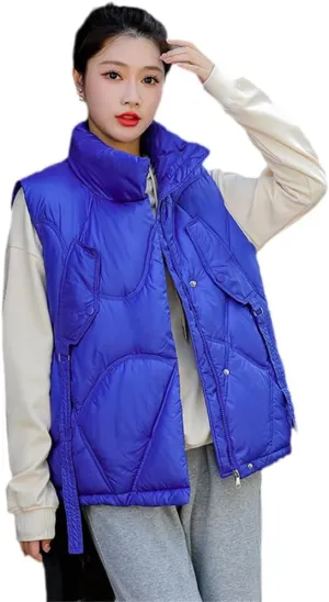 Women Stand Collar Short Bright Color Cotton Padded Jacket Sleeveless Female Winter Waistcoat Coat Vest