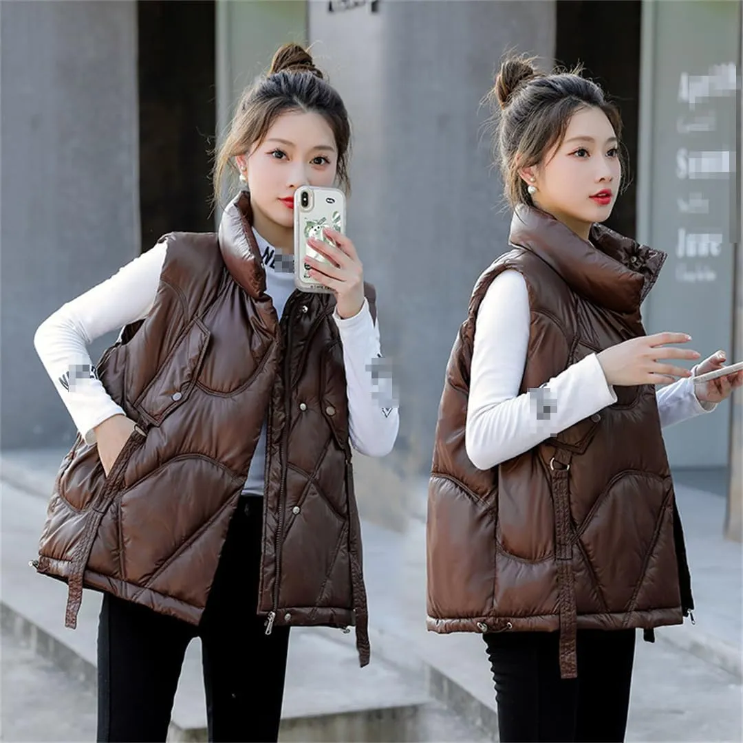 Women Stand Collar Short Bright Color Cotton Padded Jacket Sleeveless Female Winter Waistcoat Coat Vest