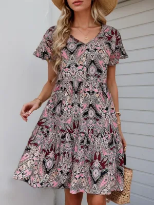 Women Summer Boho Flowy Dress 2025 Bohemian Floral Short Sleeve V Neck Casual Tiered Vacation Beach Petite Midi Dress